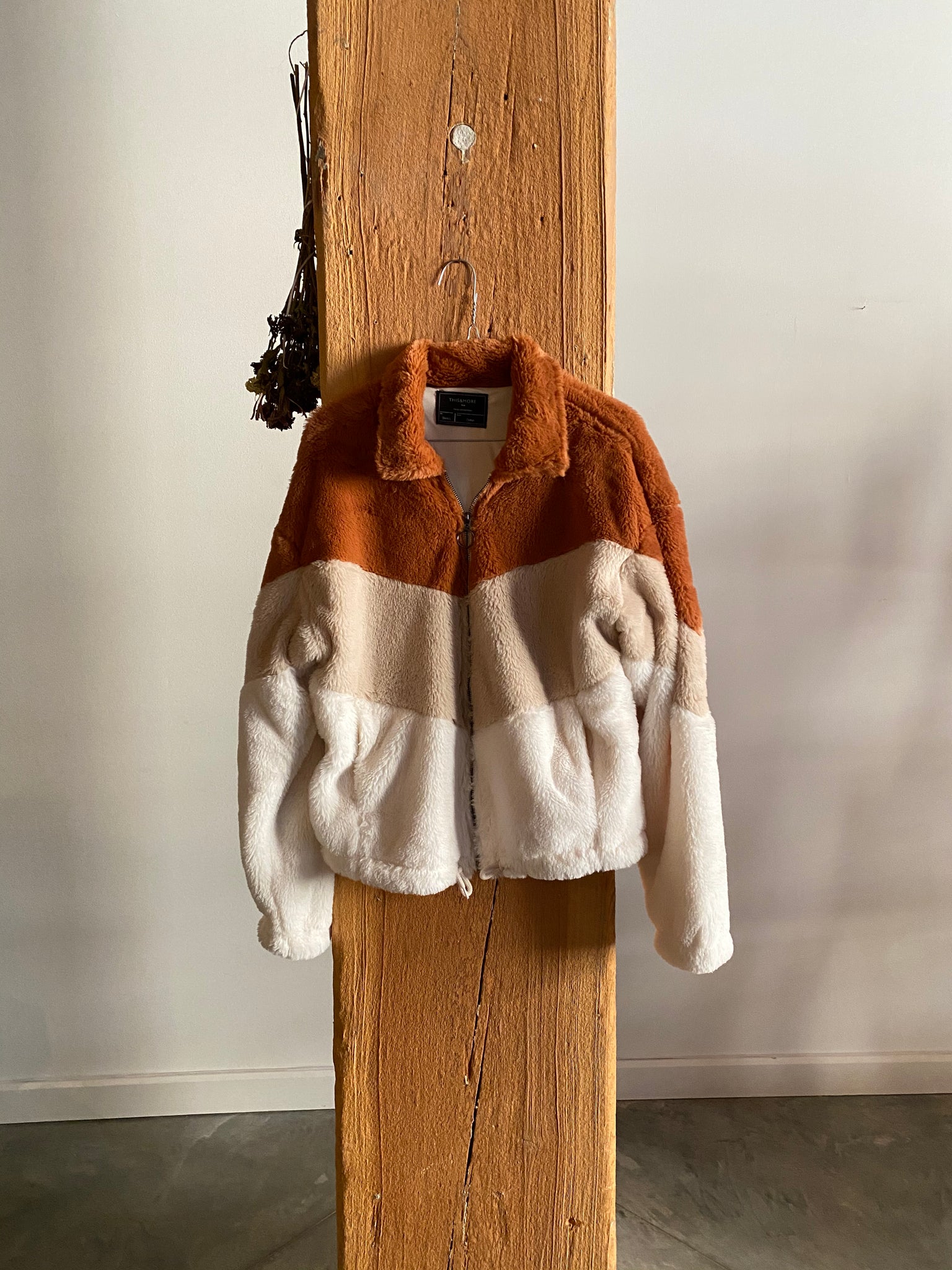Colorblock Fur Jacket with Drawstring Hem
